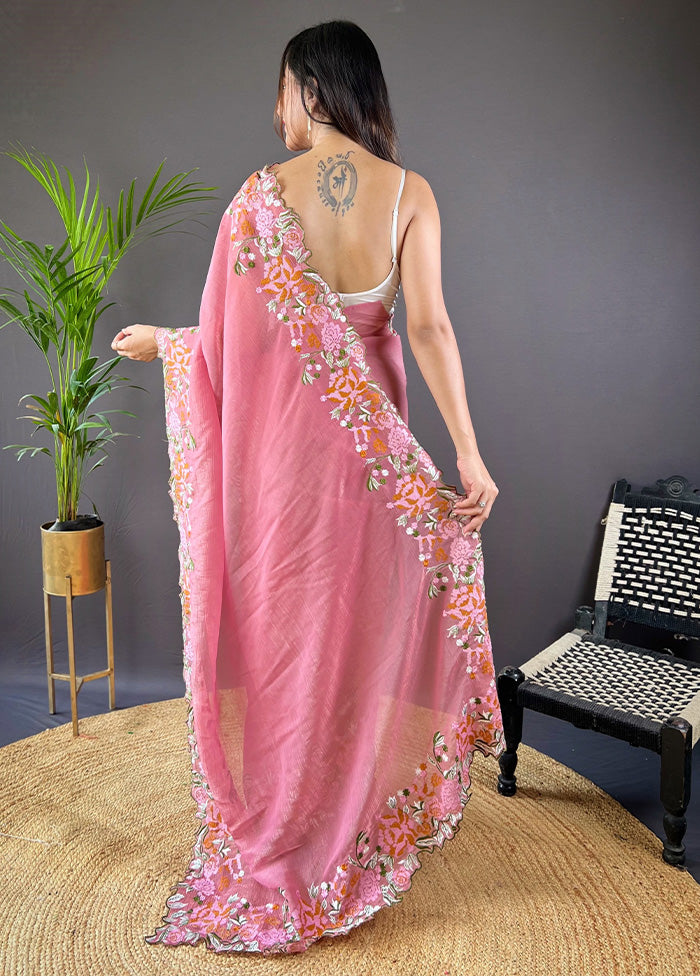 Pink Spun Silk Saree With Blouse Piece Cheapest For Sale