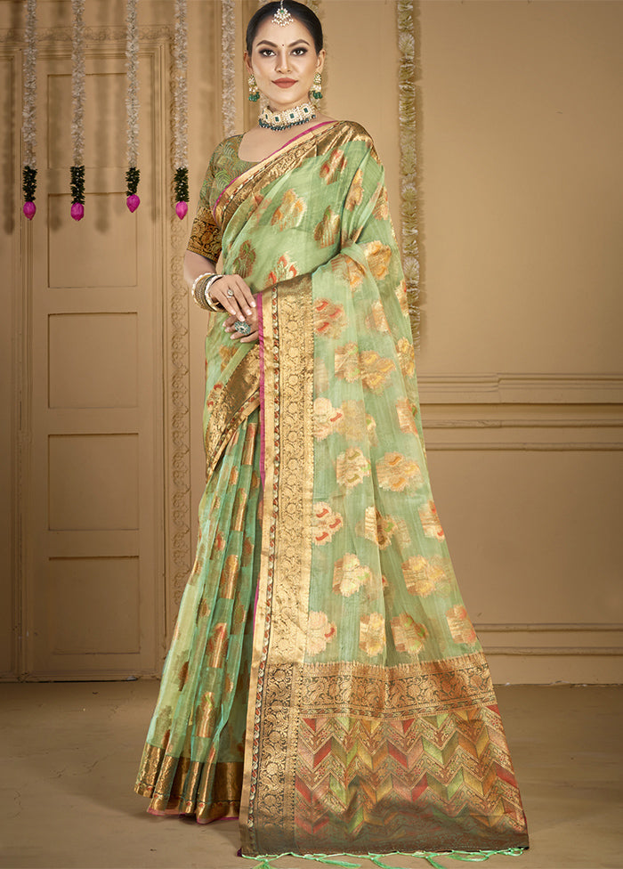 Pista Green Organza Saree With Blouse Piece Good Selling Online