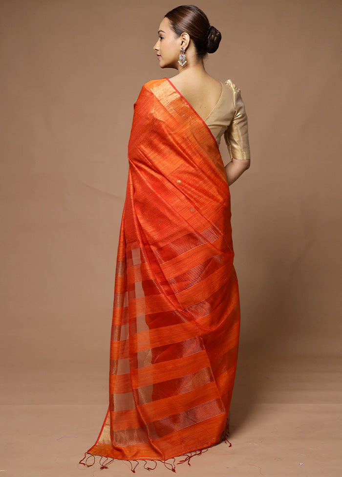 Orange Handloom Matka Pure Silk Saree With Blouse Piece Clearance For Cheap