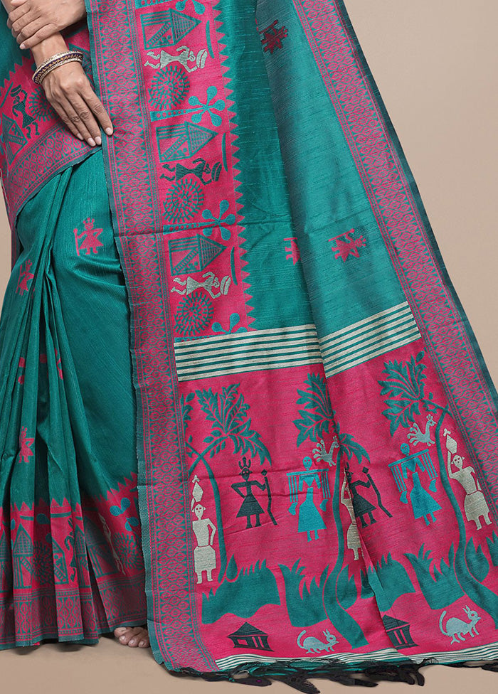 Rama Spun Silk Saree With Blouse Piece Pices Online