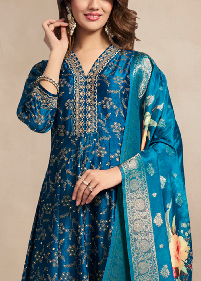 3 Pc Teal Blue Readymade Silk Dupatta Suit Set 2025 New Sale Online