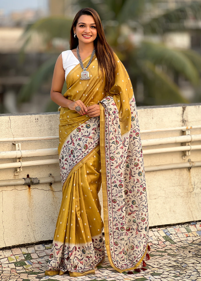 Mustard Spun Silk Saree With Blouse Piece Cheap Pice Discount Authentic