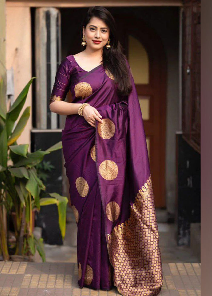 Wine Banarasi Silk Saree With Blouse Piece Big Discount Online