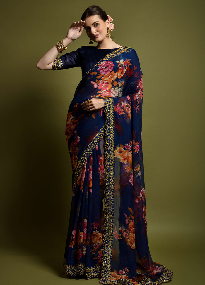 Navy Blue Chiffon Silk Saree With Blouse Piece Wiki Sale Online