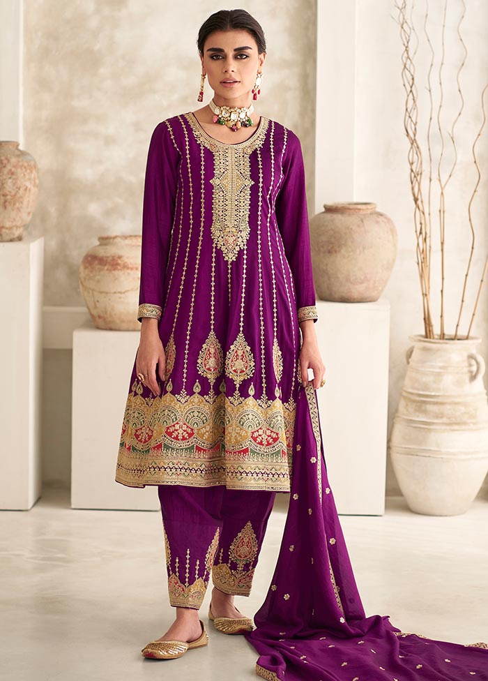 3 Pc Magenta Semi Stitched Silk Suit Set Low Pice