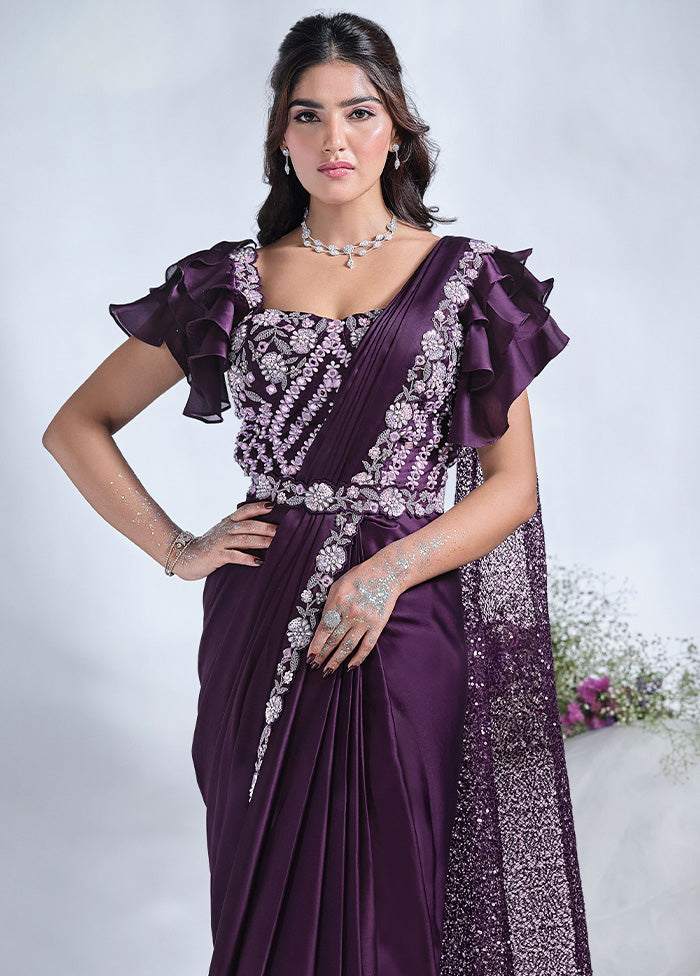 Purple Crepe Silk Saree With Blouse Piece Cheapest For Sale