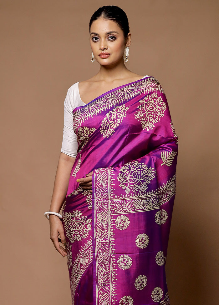 Purple Printed Pure Silk Saree Without Blouse Piece Sale 100% Guaranteed