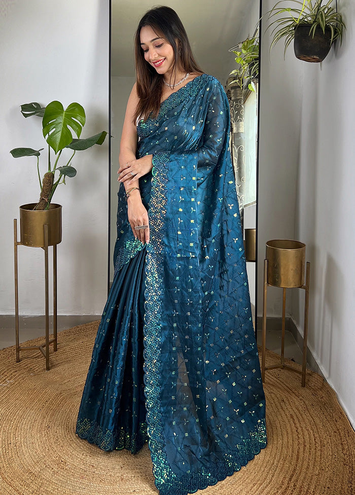 Teal Spun Silk Saree With Blouse Piece Cheap Sale Looking For