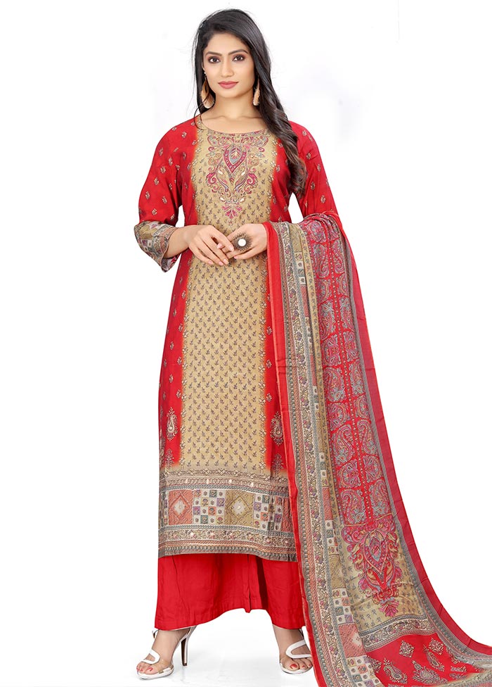 3 Pc Red Unstitched Silk Suit Set Clearance With Credit Card