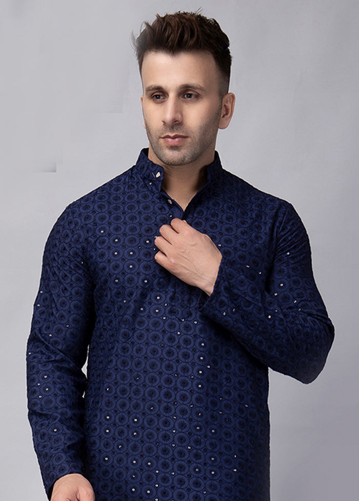 Navy Blue Viscose Embroidered Knee Length Kurta Affordable Online