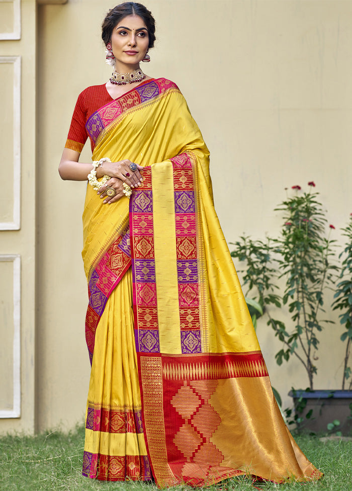 Yellow Dupion Silk Saree With Blouse Piece Free Shipping Looking For