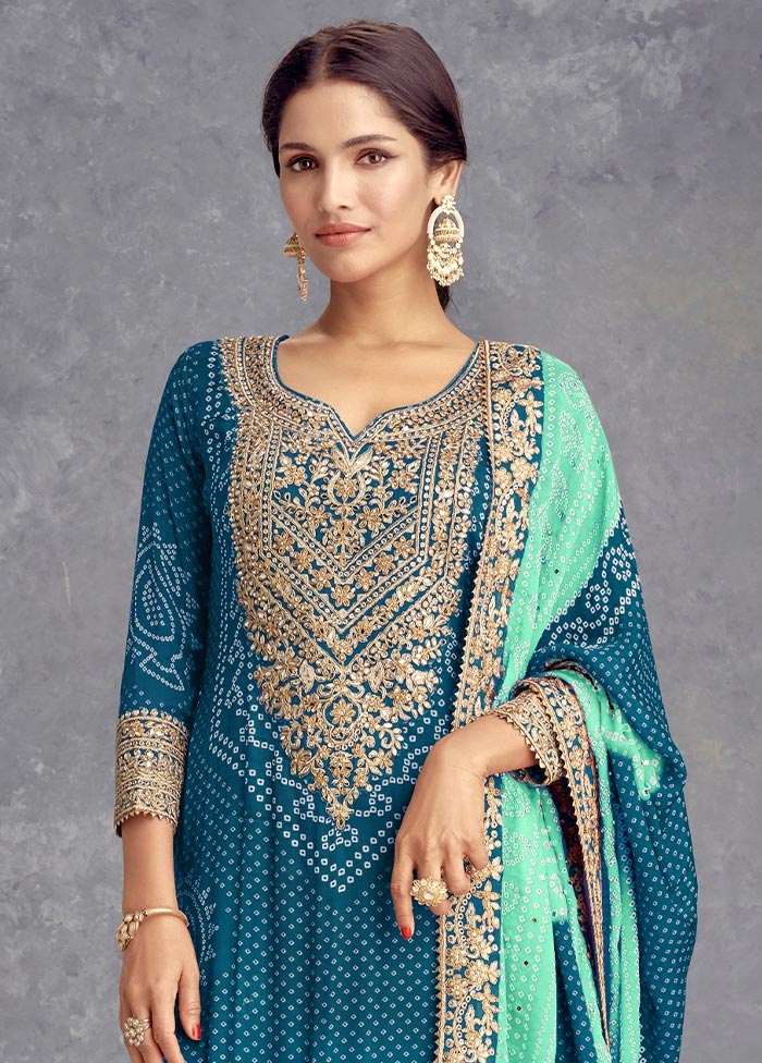 3 Pc Teal Semi Stitched Silk Suit Set Free Shipping Deals