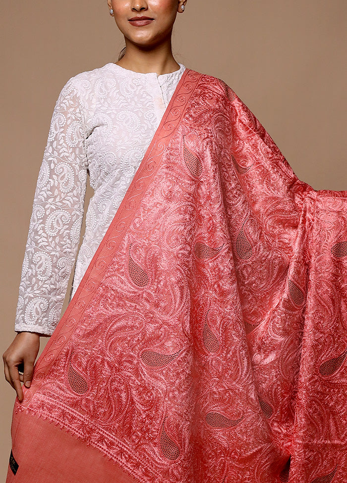 Pink Butta Work With Zari Woven Border Shawl Official Sale Online