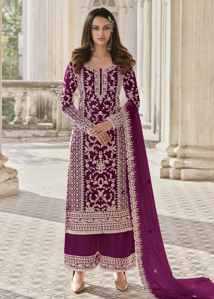 3 Pc Purple Semi Stitched Net Suit Set Sale Top Quality