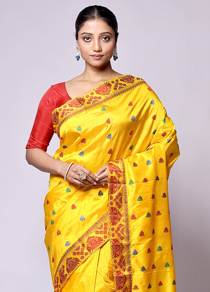 Yellow Handloom Assam Pure Silk Saree With Blouse Piece Free Shipping Manchester