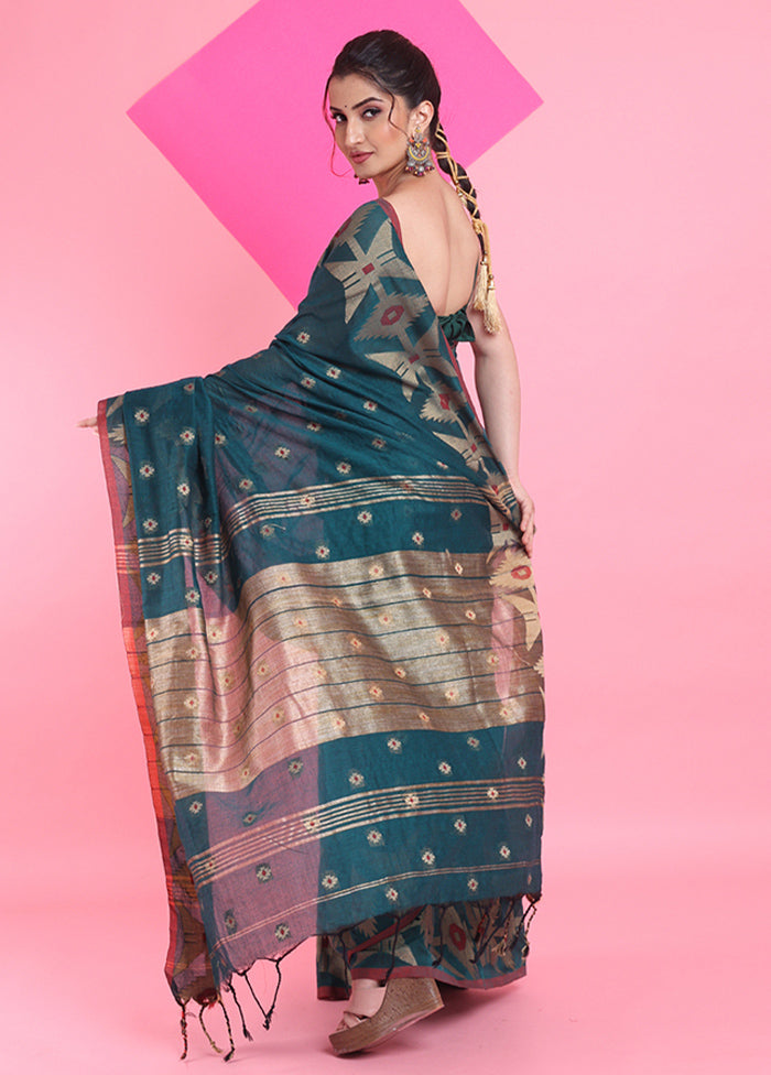 Teal Cotton Saree With Blouse Piece Outlet Official