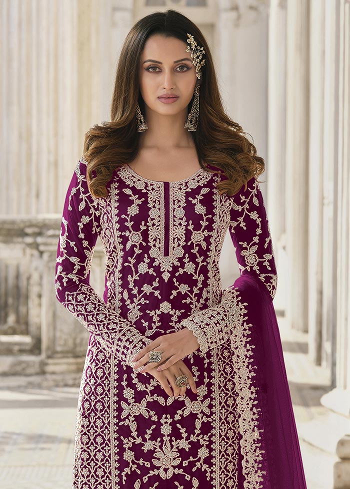 3 Pc Purple Semi Stitched Net Suit Set Sale Top Quality