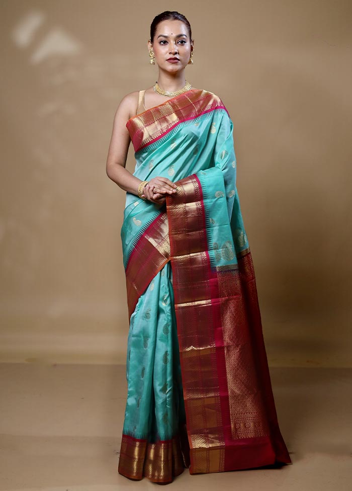 Blue Handloom Kanchipuram Pure Silk Saree With Blouse Piece Outlet Original