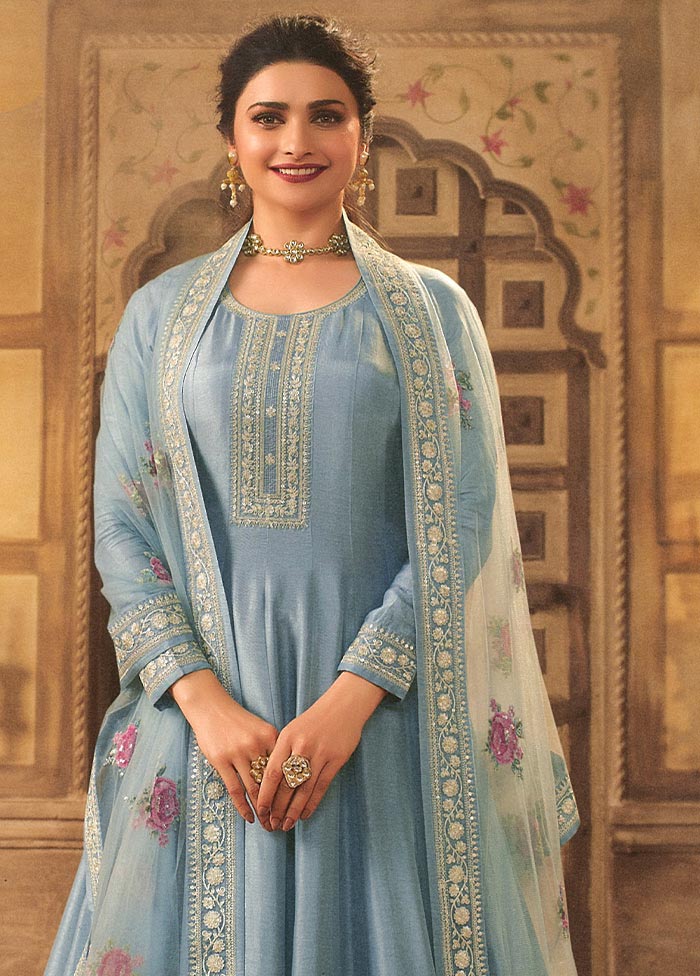 3 Pc Sky Blue Semi Stitched Silk Suit Set Cheap Sale 2025