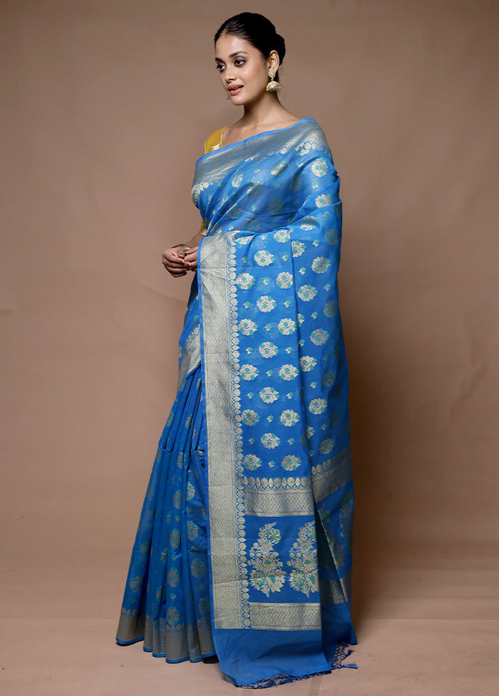 Blue Kora Silk Saree With Blouse Piece Cheap Sale Really