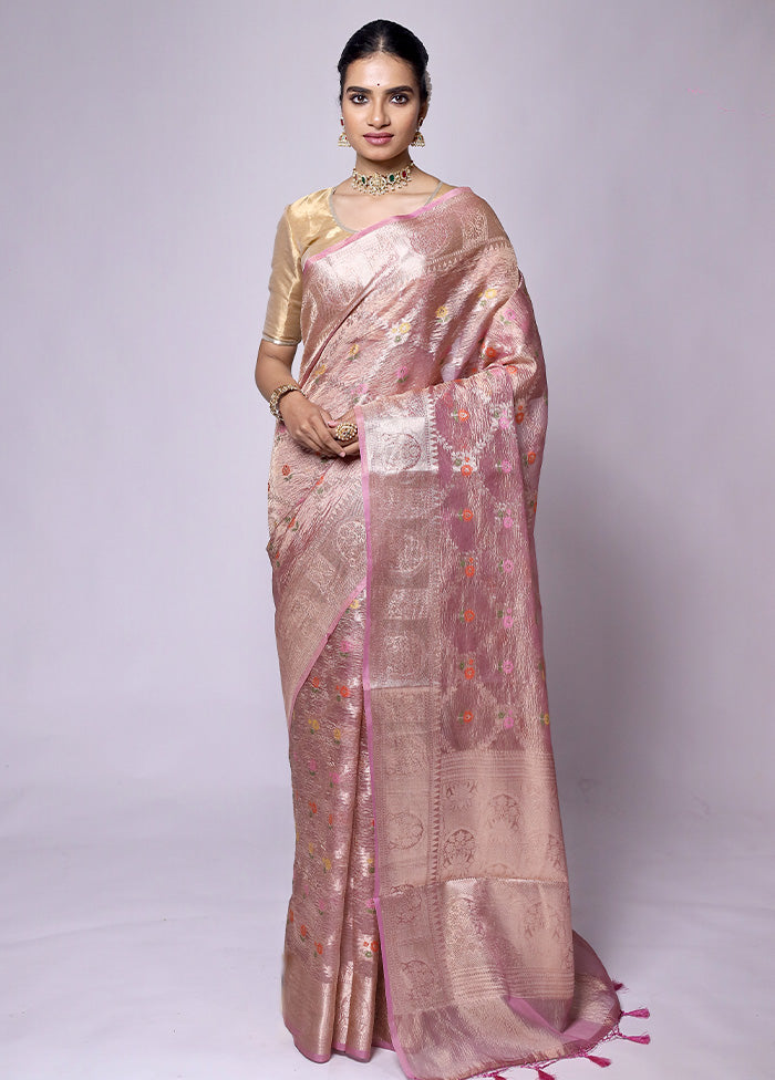 Pink Crushed Tissue Silk Saree With Blouse Piece Cheapest