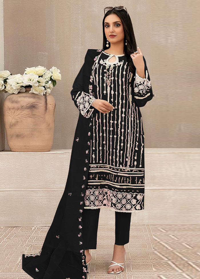 3 Pc Black Semi Stitched Georgette Suit Set Wiki For Sale