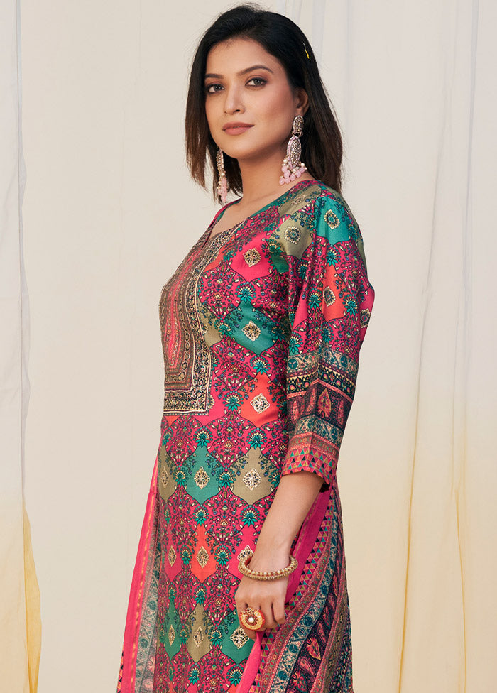 3 Pc Multicolor Unstitched Silk Suit Set Cheap Sale