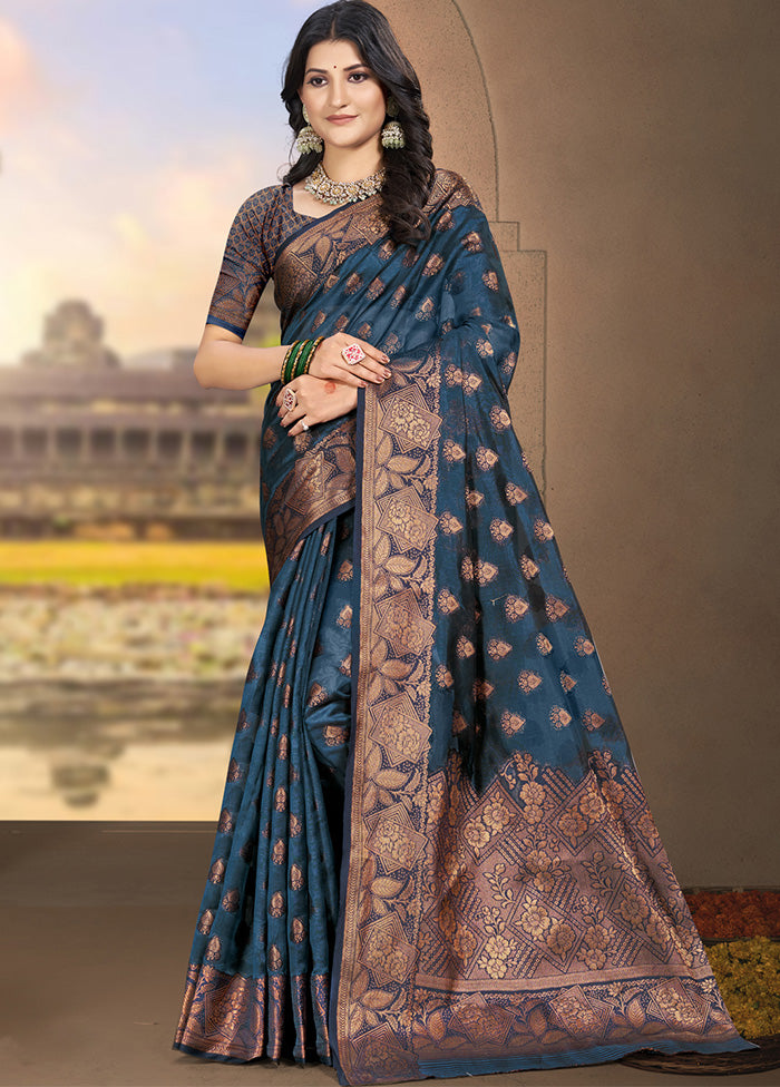 Navy Blue Spun Silk Saree With Blouse Piece Cheap Pice Outlet