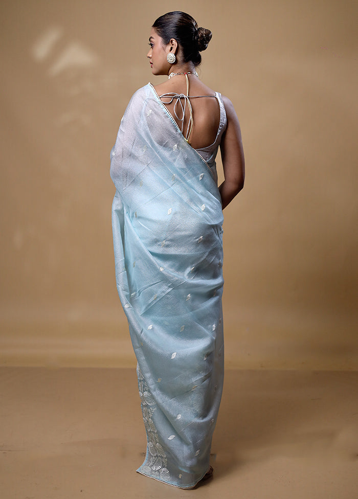 Blue Crushed Tissue Silk Saree With Blouse Piece Sale Browse