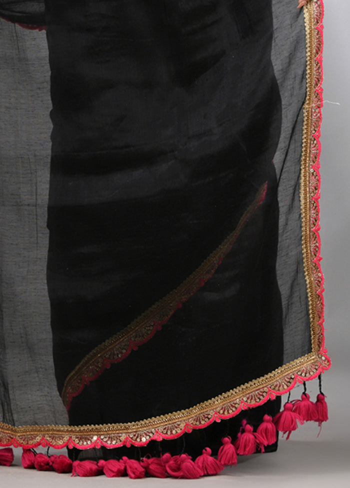 Black Spun Silk Saree With Blouse Piece Free Shipping Online