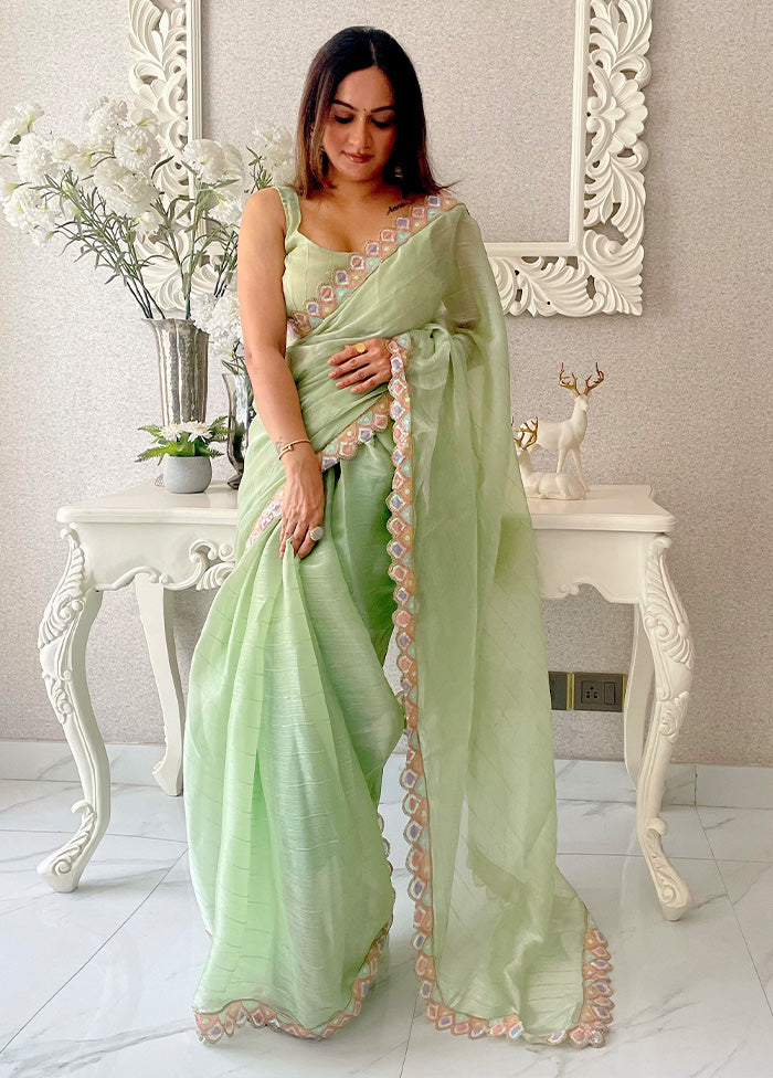 Pista Green Spun Silk Saree With Blouse Piece Free Shipping Cheap Real