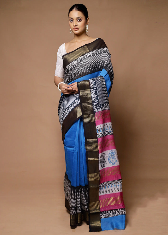 Blue Chanderi Cotton Saree With Blouse Piece Cheap Sale For Cheap