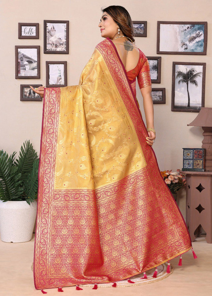 Golden Spun Silk Saree With Blouse Piece Sale 100% Authentic