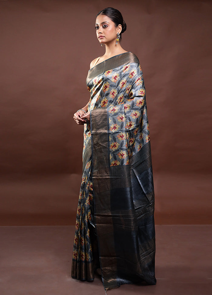 Grey Tussar Silk Saree With Blouse Piece Cheap Sale 2025 New