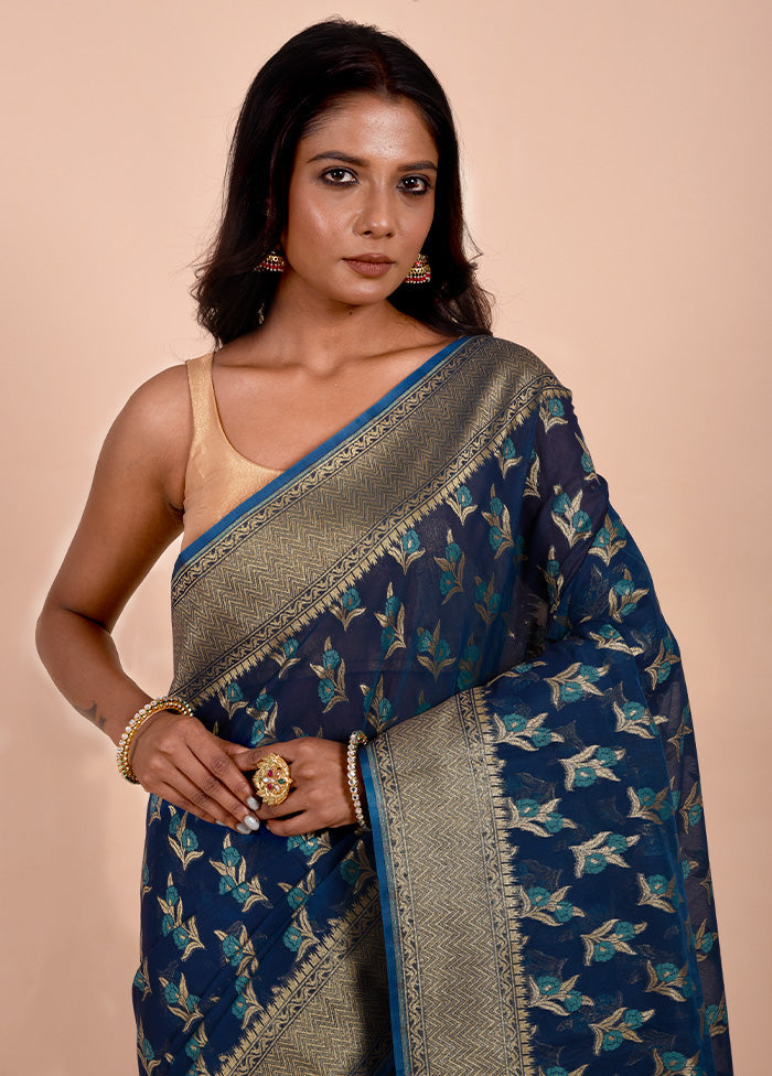 Blue Kora Silk Saree With Blouse Piece Sale Cheap Online