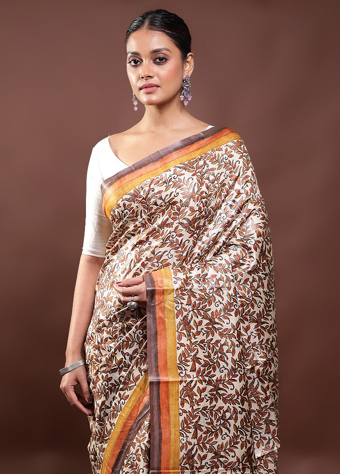 Cream Handloom Tussar Pure Silk Saree With Blouse Piece Online Online Cheap Pice