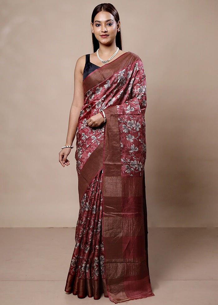 Pink Tussar Silk Saree With Blouse Piece Inexpensive For Sale