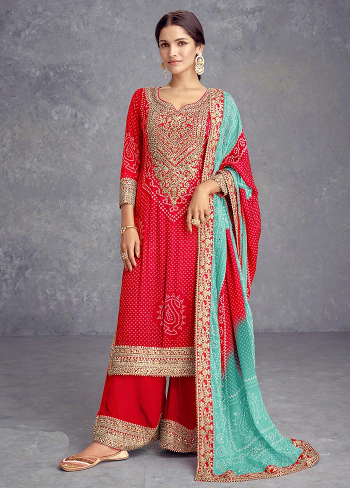 3 Pc Red Semi Stitched Silk Suit Set Shop Offer Cheap Pice