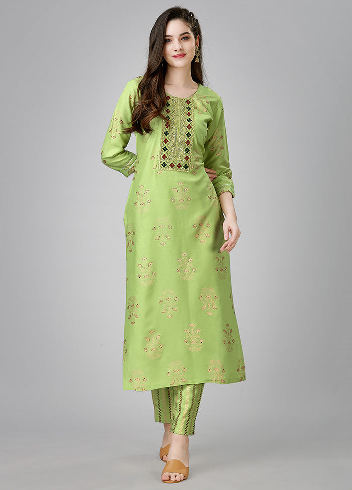 2 Pc Parrot Green Readymade Rayon Kurti Set Cheap Visa Payment