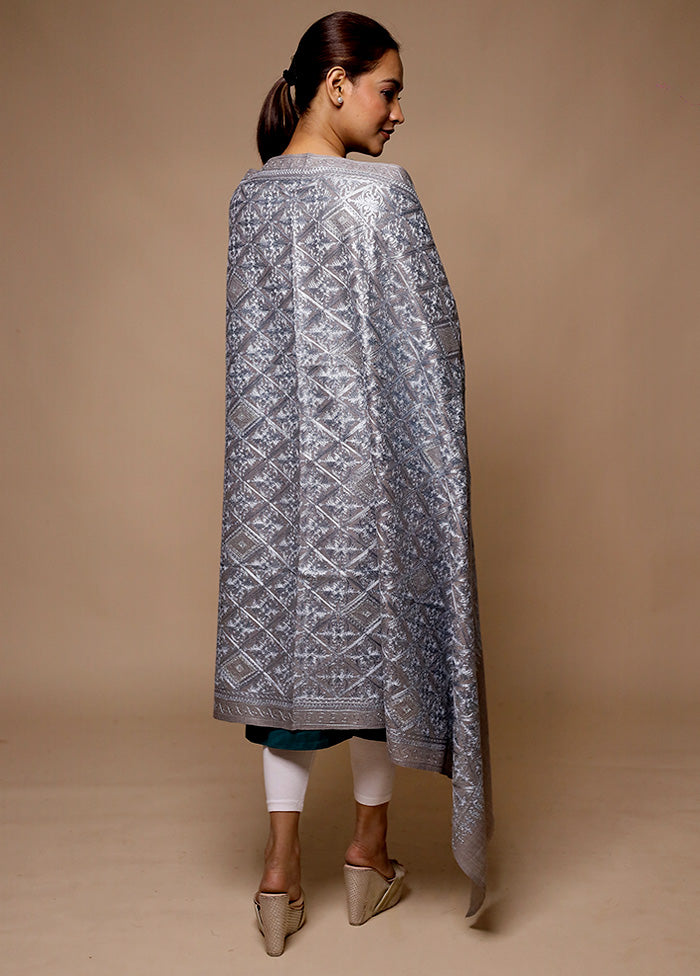 Grey Butta Work With Zari Woven Border Shawl Low Pice For Sale