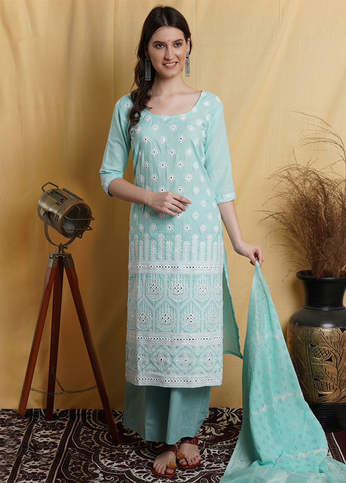 3 Pc Aqua Green Unstitched Suit Set With Dupatta With Credit Card