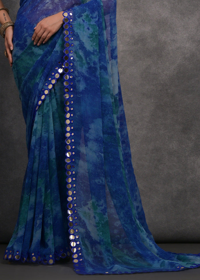 Blue Chiffon Silk Saree With Blouse Piece Discount Latest