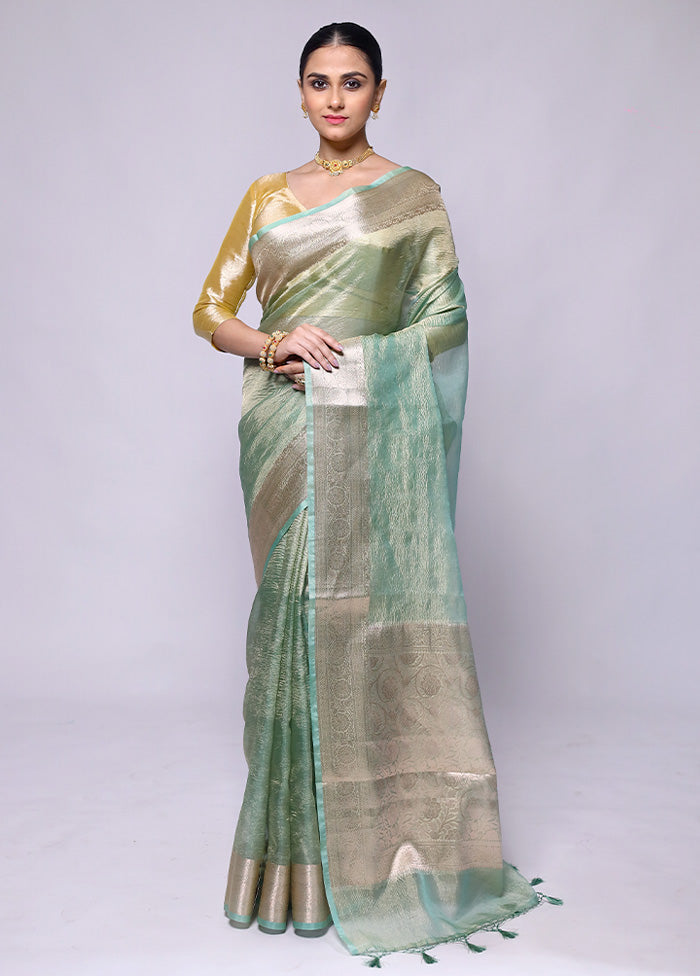 Green Crushed Tissue Silk Saree With Blouse Piece Discount Hot Sale