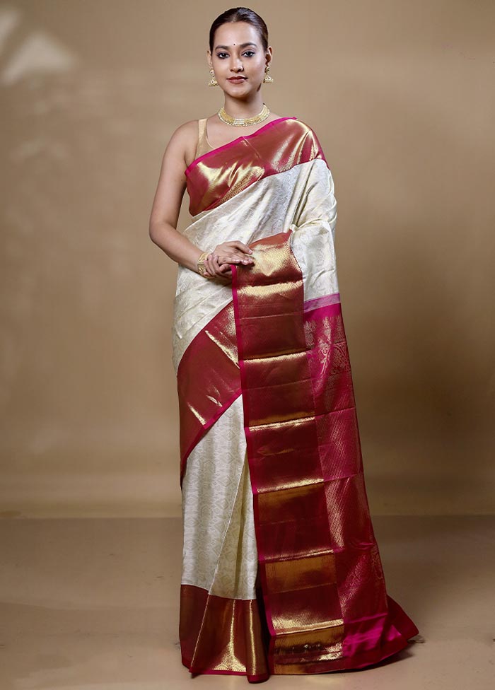 White Handloom Kanchipuram Pure Silk Saree With Blouse Piece Pictures Cheap Online