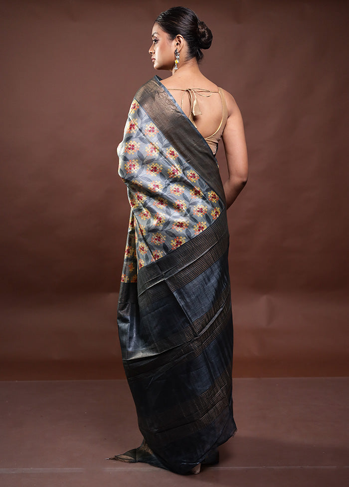 Grey Tussar Silk Saree With Blouse Piece Cheap Sale 2025 New