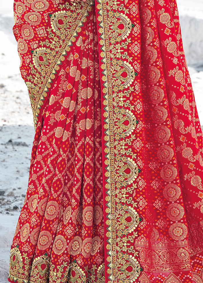 Red Pure Georgette Saree With Blouse Piece Fashion Style For Sale