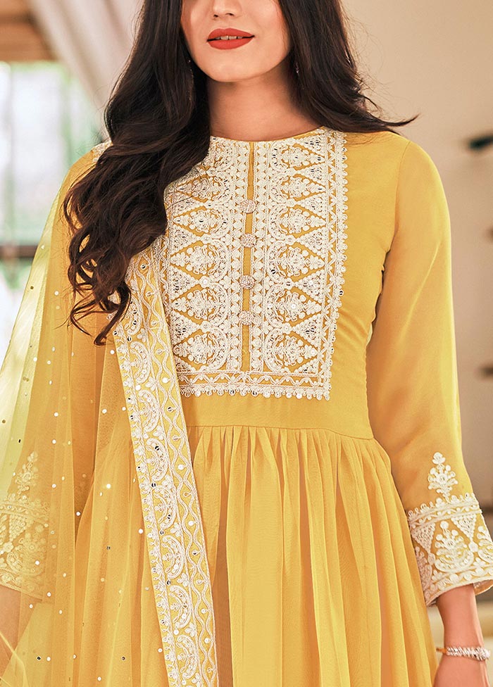 3 Pc Yellow Semi Stitched Georgette Suit Set Sale Purchase