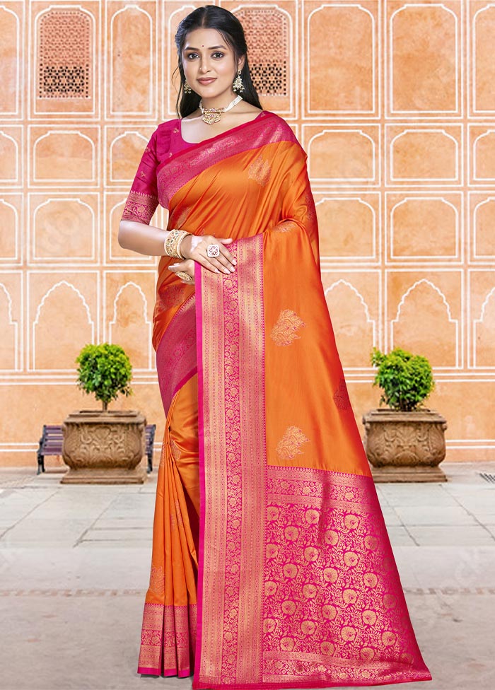 Orange Dupion Silk Saree With Blouse Piece Clearance Pirce Sale