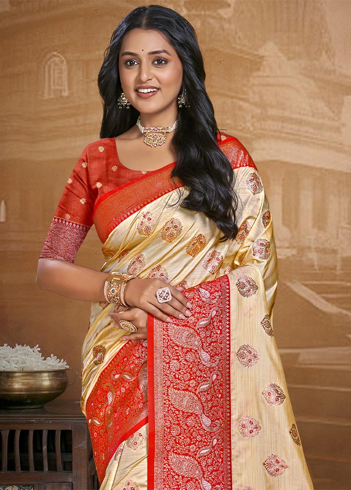 Beige Dupion Silk Saree With Blouse Piece Discount For Nice