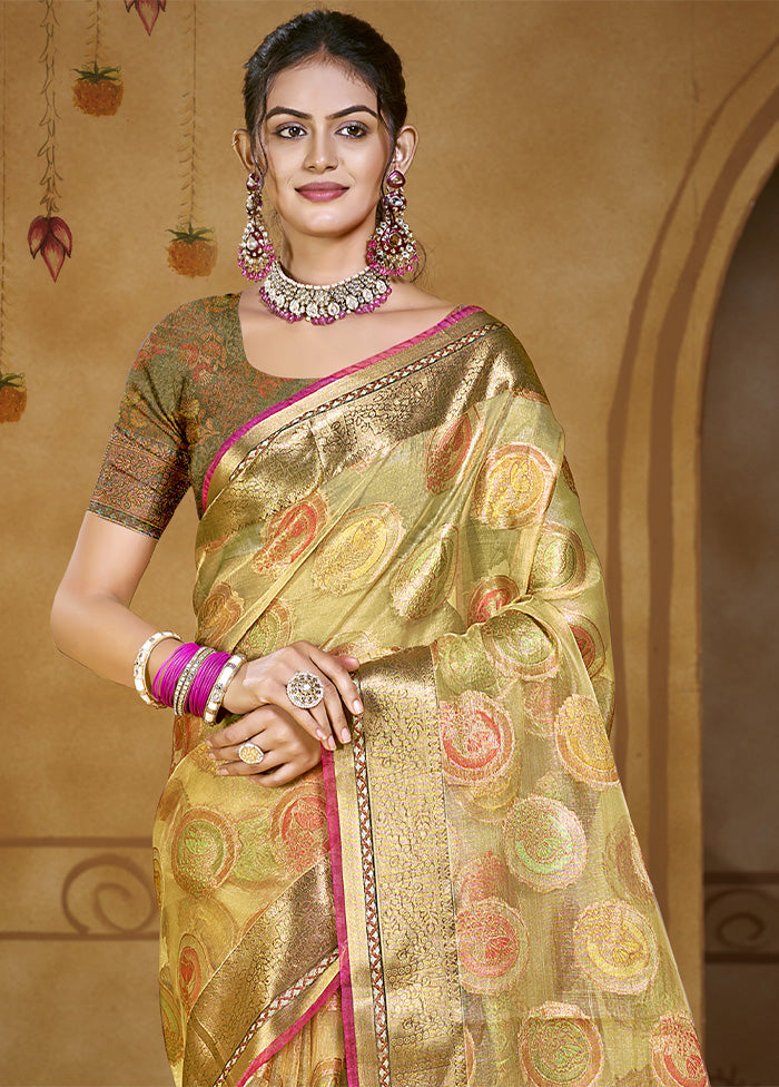 Olive Green Organza Saree With Blouse Piece Clearance Best Seller